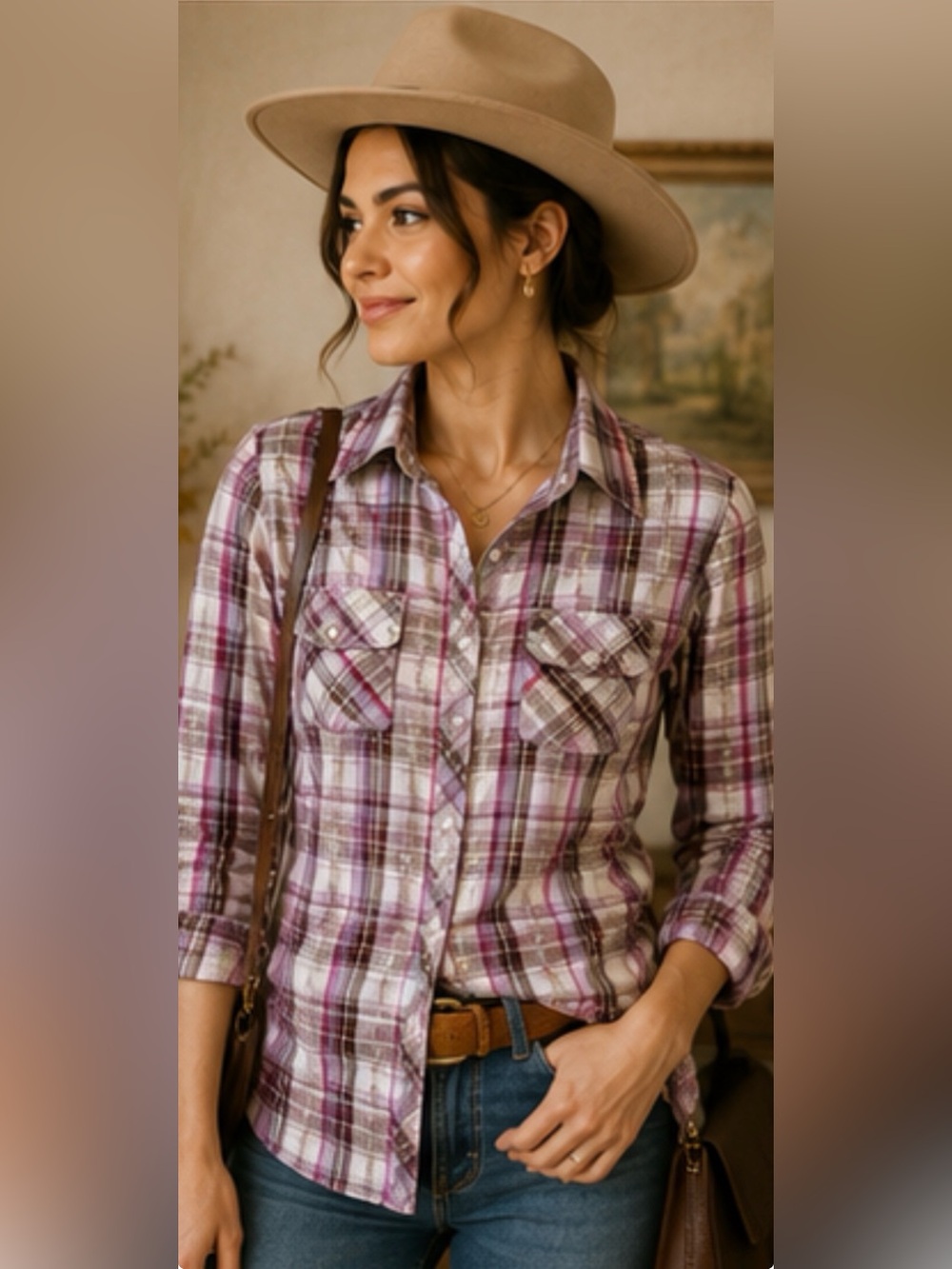 Ariat Women’s L Fitted Metallic Plaid Western Shirt Pink Purple Shimmer